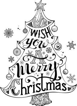 We Wish You a Merry Christmas. Hand-written text, holly berry, Christmas balls, snowflakes, star on the top of Christmas tree. Black and white illustration. Isolated on white background.