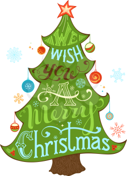 Merry Christmas Lettering in Christmas Tree Silhouette. Hand-written text, holly berry, Christmas balls, snowflakes, star on the top of Christmas tree. Isolated on white background.