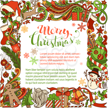 Christmas tree and Christmas balls, gifts and bows, snowman, gingerbread man, deer, bells and ribbons, Santa sock, Santa hat, Santa beard and glasses, holly berries, stars, cup, candle, hand-written t