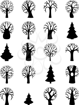 Various round trees and firs isolated on white background. Black and white duotone illustration. 