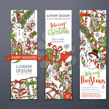 Three vertical festive templates. Christmas decorations and hand-lettering. Christmas tree and baubles, snowman and gingerbread man, Santa hat, gifts, bells.