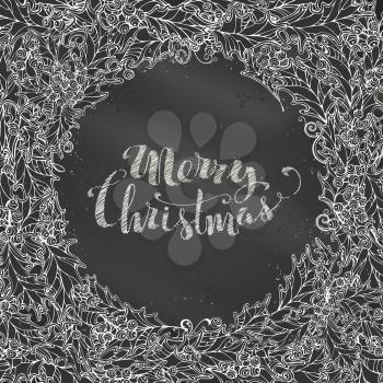 Vector chalk holly berries round frame on blackboard background. There is place for your text in the center.