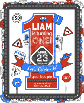 Hand-drawn doodles road signs and cars. Red and blue vector illustration.