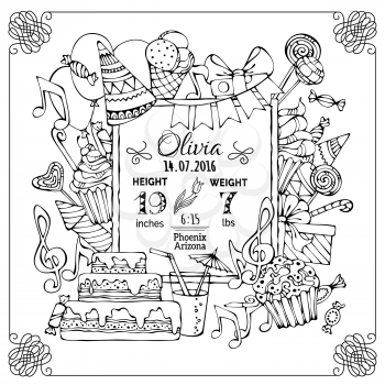 Party blowouts and hats, garlands and balloons, sweets, music notes and firework. There is place for your text in the center. Coloring book template. 