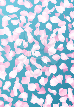 A lot of pink petals on blue background. Nature vertical backdrop.
