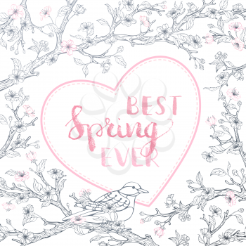 Best spring ever! Blossoms and bird contours on tree branches. Hand-written brush lettering. There is place for your text.