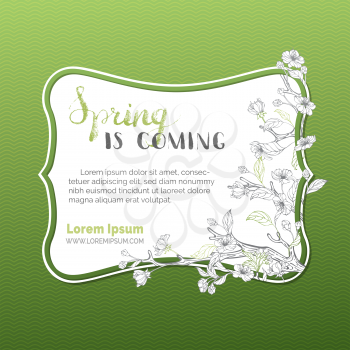 Spring is coming... Blossoms and leaves on tree branches. Grey and green background. Hand-written brush lettering. There is place for your text in the badge.