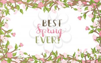 Spring flowers on tree. Handwritten grunge brush lettering. Vector card template. You can place your text in the center on white background.