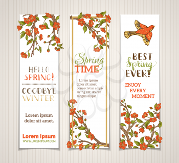 Red flowers, leaves and birds on tree branches. Hello spring. Goodbye winter! Spring time. Best spring ever! There is place for your text on white background.