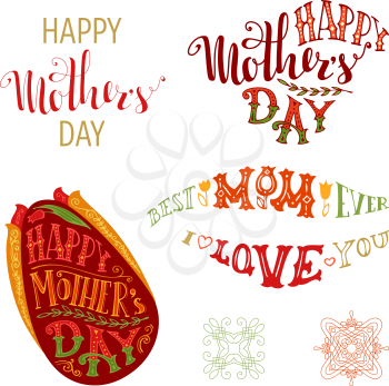 Typographical design elements isolated on white background. Spring red tulip flower. Hand-drawn lettering. Happy Mother's Day! Best Mom ever. I love you.