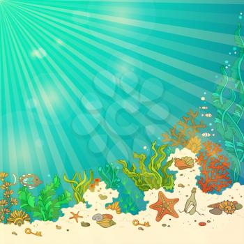 Marine vector illustration. Fish, starfish, shells, algae, bottle with a letter and key. Underwater sunny rays. There is place for text on blue ocean background. 