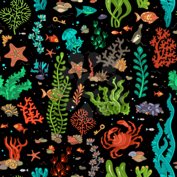 Cartoon summer vector illustration. Various shell, algae, fish, starfish, bottle with a letter, key on black background. 
