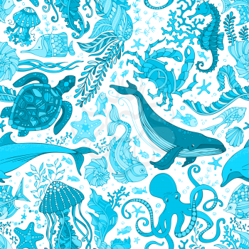 Whale, dolphin, turtle, fish, starfish, crab, octopus, shell, jellyfish, seahorse, seaweed. Seamless pattern of animals and plants.