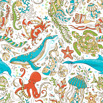 Octopus, whale, dolphin, turtle, fish, starfish, crab, shell, jellyfish, seahorse, algae on white background. Doodles underwater ocean animals and plants.