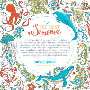 Whale, dolphin, turtle, fish, starfish, crab, shell, jellyfish, octopus, seahorse, algae. Underwater wild animals and plants. There is place for your text on white.