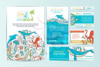 Vector cartoon elements. A4 paper, business cards, banners. Whale, dolphin, octopus, turtle, fish, starfish, crab, shell, jellyfish, octopus, seahorse, seaweed.