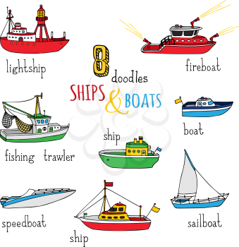 Various hand-drawn nautical vessels isolated on white background. Lightship, fireboat, fishing trawler, speedboat, sailboat and motorboat.