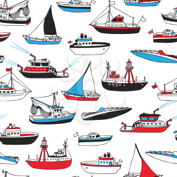 Various cartoon nautical vessels on white background. Lightship, fireboat, fishing trawler, speedboat, sailboat and motorboat.