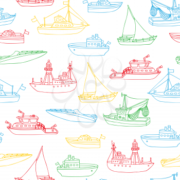 Various doodles nautical vehicle contours on white background. Lightship, fireboat, fishing trawler, speedboat, sailboat and motorboat. Seamless pattern. 