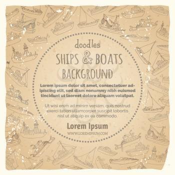 Lightship, fireboat, fishing trawler, speedboat, sailboat and motorboat. Sketched nautical ships and boats on vintage paper background.
