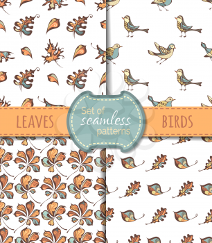Hand-drawn birds, oak and chestnut leaves on white background. Vector boundless backgrounds.