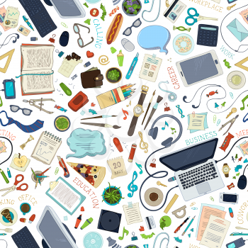 Hand-drawn gadgets and office supplies on white background. 70+ items. Top view. Work and education. Stationery, food and drinks, laptop, mobile, pizza.