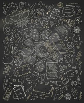 Chalk doodles gadgets and office supplies on blackboard background. 70+ items. Top view. Design elements for work and education. Stationery and gadgets, food and plants.