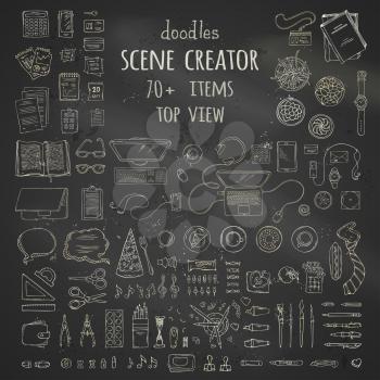 Hand-drawn gadgets and office supplies on blackboard background. 70+ items. Top view. Work and education. Stationery and gadgets, food and plants.