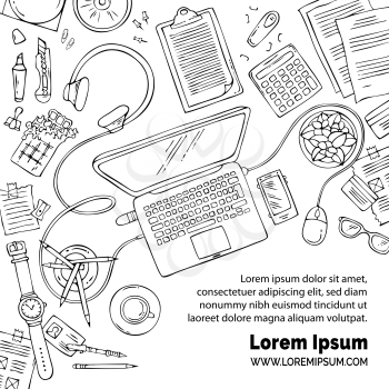 Hand-drawn black contours of gadgets and office stationery on white background. Laptop and documents. Top view. There is copyspace for your text.