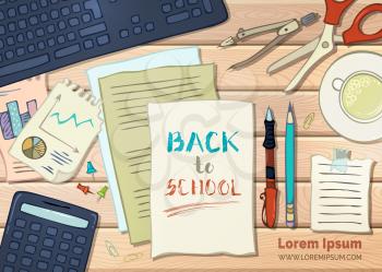 School supplies, stationery and gadgets on wooden desk. Pen and pencil, keyboard and calculator, scissors. There is copyspace for your text on paper. Vector illustration.