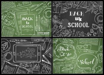 Education workplaces. Chalk doodle gadgets and school stationery supplies on blackboard backgrounds. Laptop, tablet, book, pen and pencil. Top view.