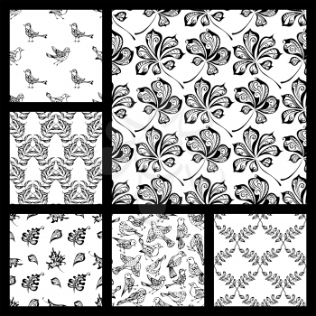 Hand-drawn black linear birds and leaves on white background. Oak, maple, birch, rowan, chestnut leaves. Duotone boundless backgrounds.