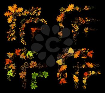 Vector corners, page decorations and dividers. Swirls and flourishes on black background. Oak, rowan, maple, chestnut, elm leaves and acorn.