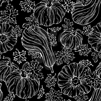 Set of various hand-drawn pumpkins and leaves on blackboard background. Thanksgiving day. Harvest time. Boundless background for your autumn design.