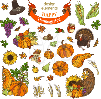 Traditional festive symbols and food. Turkey, cornucopia, pilgrim's hat, pumpkin, corn, wheat, autumn leaves and others.