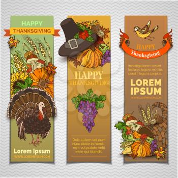 Pilgrim's hat, turkey, cornucopia, pumpkin, corn, wheat, sunflower, walnut, grape, apple, pear, cranberry, mushroom, bird, acorn, autumn leaves and others.