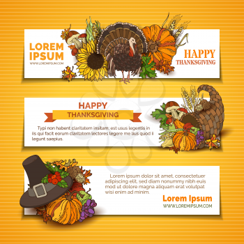 Pumpkin, turkey, cornucopia, pilgrim's hat, wheat, corn, sunflower, grape, apple and pear, autumn leaves. Traditional harvest autumn symbols.