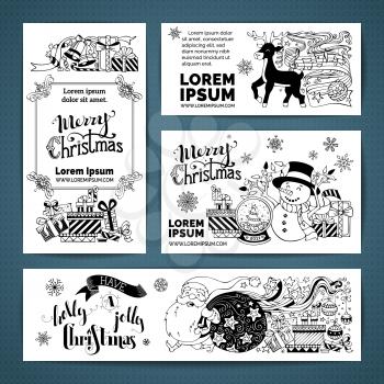 Black and white Christmas decorations, Santa with sack and gifts, snowman with garland, deer, music notes, snow globe, candy cane, hand-written lettering.