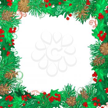 Mistletoes, pine branches and cones. Hand-drawn vector illustration. There is copy space for your text on white background.