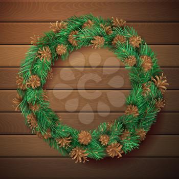Pine branches with needles and cones in garland. High detailed vector template. There is copy space for your text in the center.