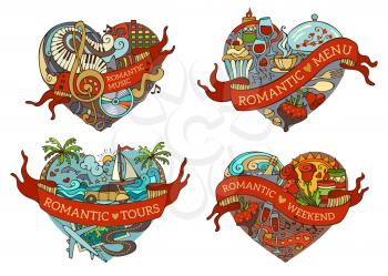 Cartoon romantic design elements isolated on white background. Valentine's symbols, love icons and signs. Music, menu, tours and weekend templates.