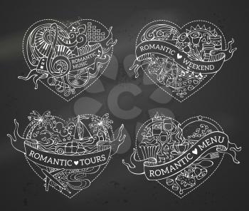 Chalk romantic design elements on blackboard background. Valentine's symbols, love icons and signs. Music, menu, tours and weekend templates.