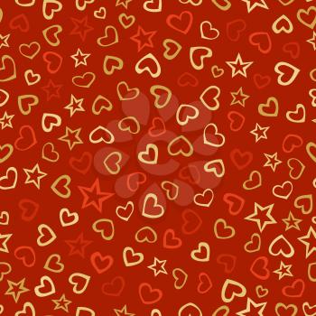 Doodles various hearts and stars on red background. Hand-drawn boundless background.