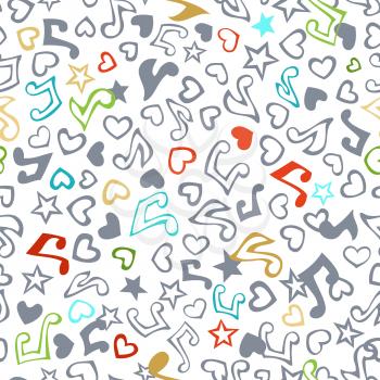 Cartoon various music notes, hearts and stars on white background. Colourful doodles boundless background. Hand-drawn outlined symbols and silhouettes.