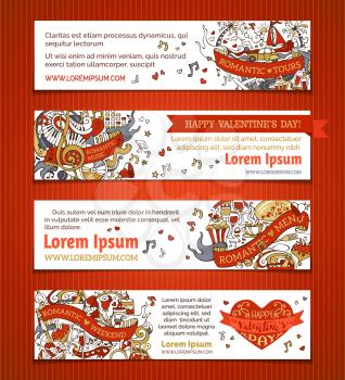 Cartoon Valentine's day and wedding red and gold banners. Romantic music, weekend, menu, tours. There is place for your text on white background.