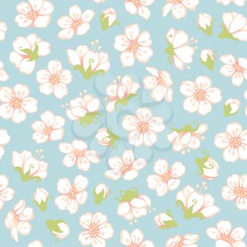White spring flowers on blue background. Vector boundless background.