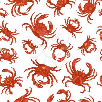 Various hand-drawn red crabs on white background. Boundless background for your design.