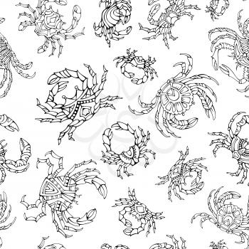 Various hand-drawn crabs on white background. Vector black and white boundless background for your design.