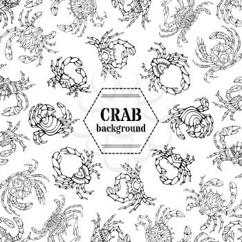 Various linear hand-drawn crabs on white background. There is place for your text in the center.
