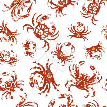 Various hand-drawn red crabs on white background. Boundless background for your design.
